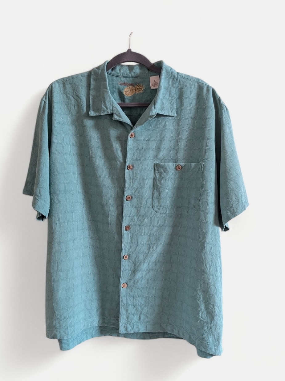 Caribbean Pineapple Silk Blend Teal Camp Shirt Xl Textured Tropical Guayabera